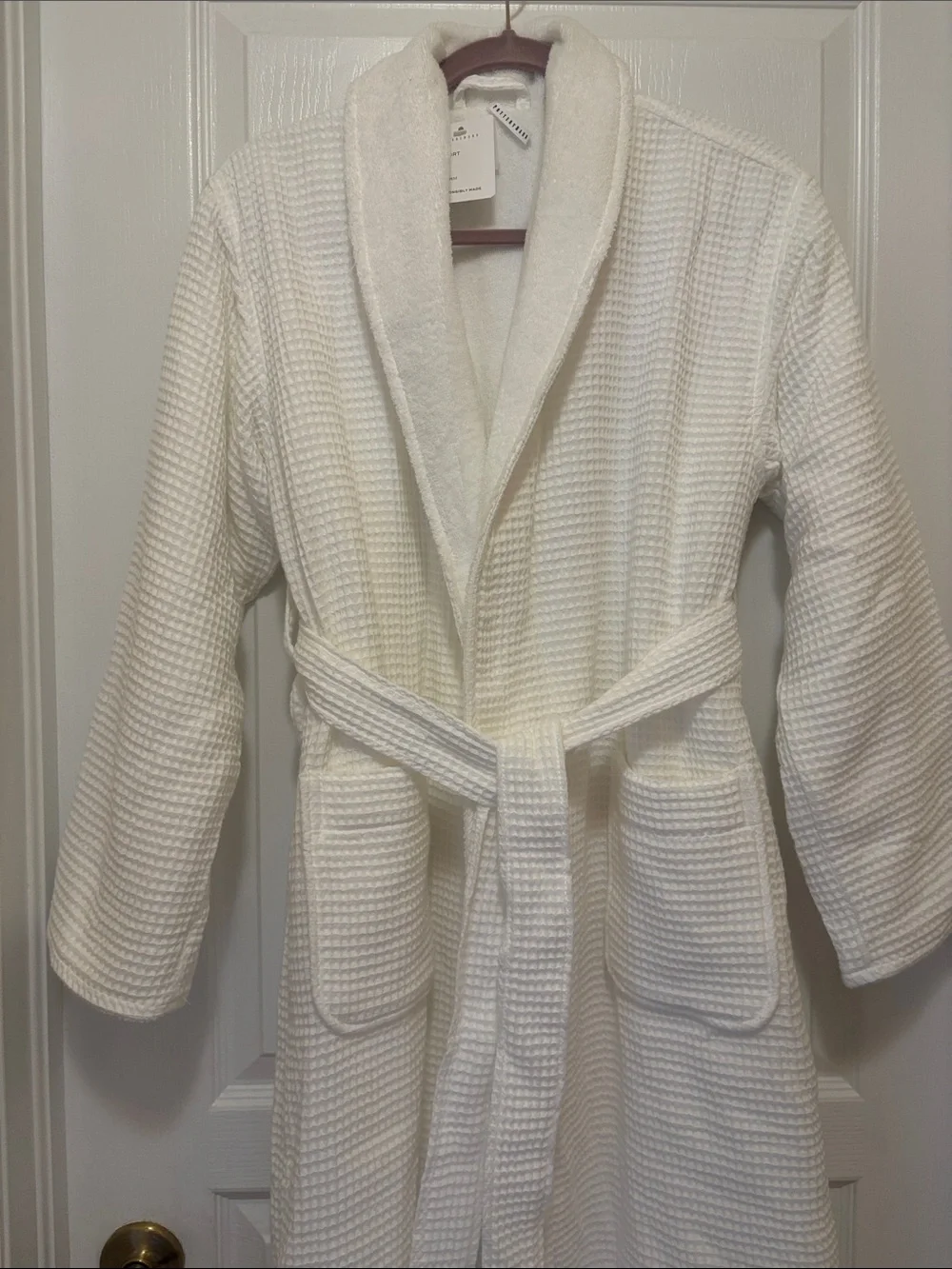 Pottery Barn white Waffle Robe with Shawl Collar S length total 44 inches